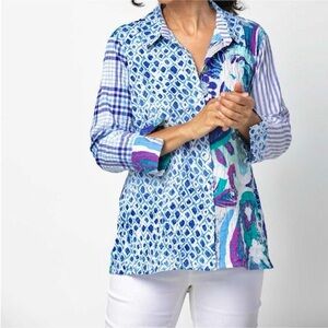 HABITAT Artsy Button Front Blouse Mixed Print Shirt Resort Wear Vacation Blue S